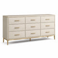 Kommode mit 9 Schubladen Leder und Metall Beige/Gold 150x45x80 cm