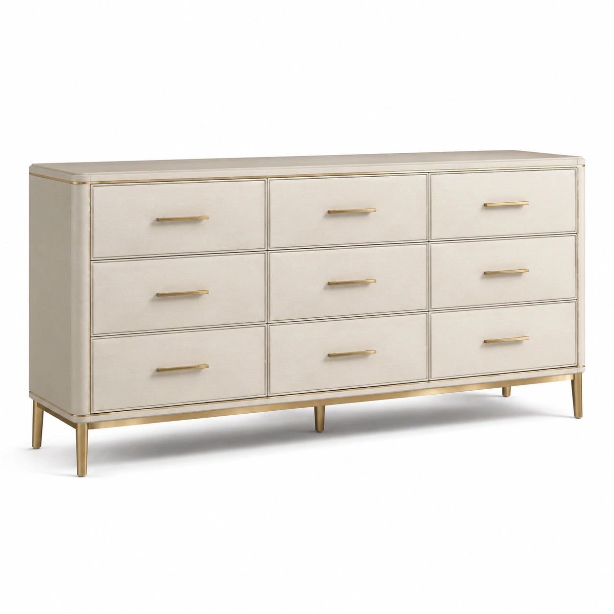 Kommode mit 9 Schubladen Leder und Metall Beige/Gold 150x45x80 cm