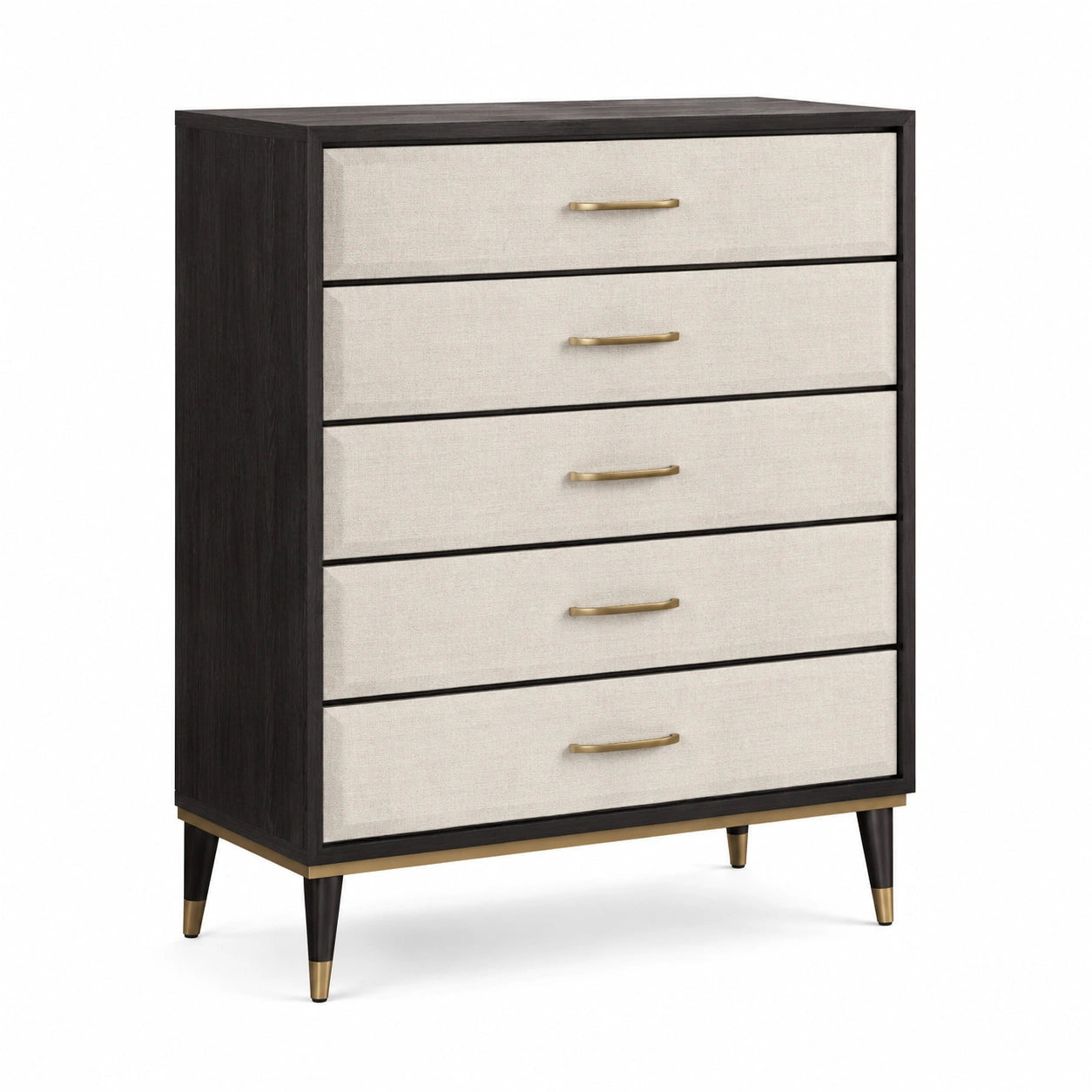 Kommode Holz mit Leinenbezug 5 Schubladen schwarz/beige